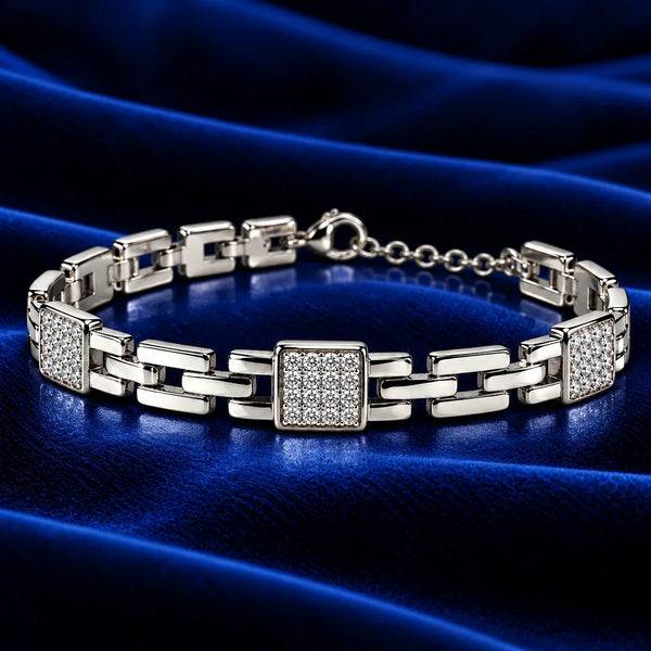 Women’s Silver-Tone Geometric Link Bracelet with Sparkling Crystal Accents