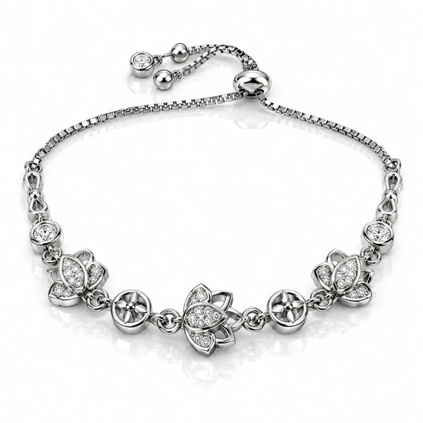 Women’s Silver Floral Bracelet with Sparkling Crystal Accents