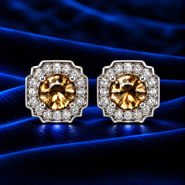 925 Sterling Silver Champagne Crystal Stud Women Earing