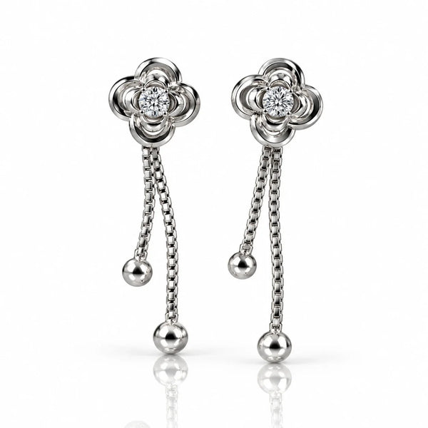 Women's Silver-Tone Floral Crystal Drop Earrings with Elegant Chain Tassels