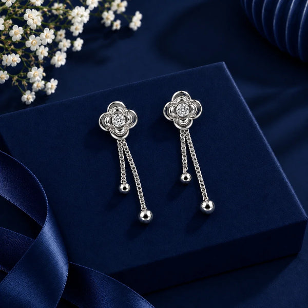Women's Silver-Tone Floral Crystal Drop Earrings with Elegant Chain Tassels