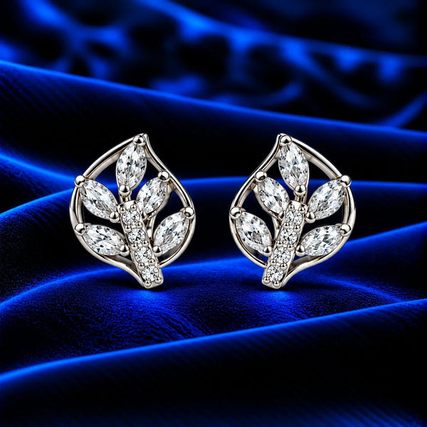 Women's Silver-Tone Leaf Design Stud Earrings with Sparkling Crystal
