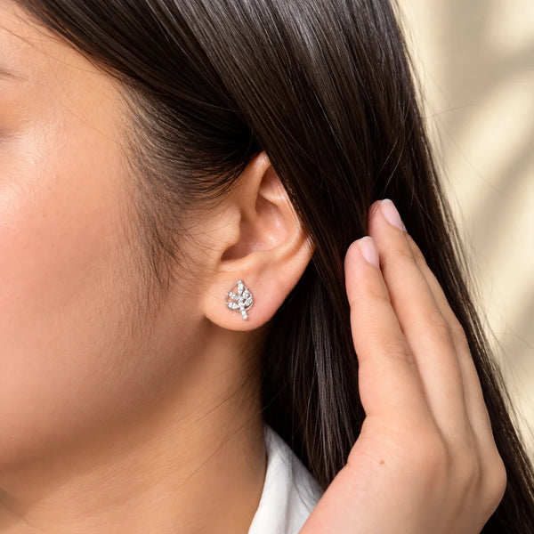 Women's Silver-Tone Leaf Design Stud Earrings with Sparkling Crystal