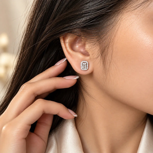 Women's Silver Rectangular Halo Stud Earrings with Sparkling Zircon
