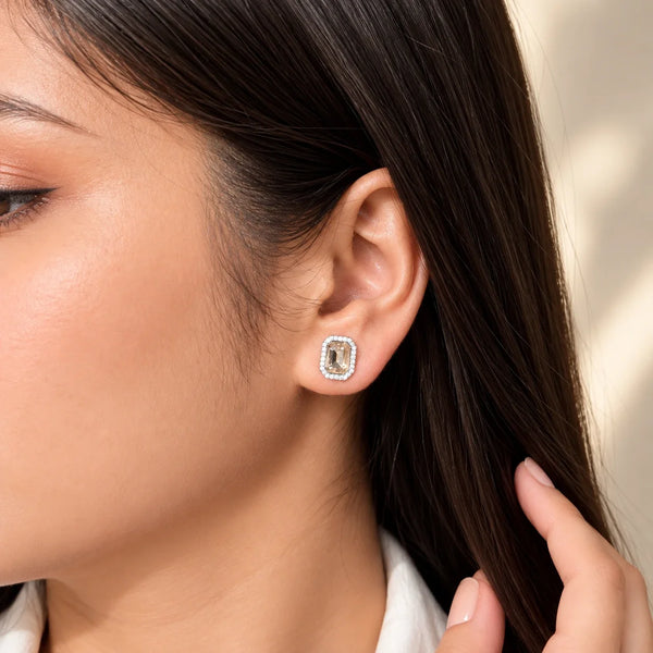 Women's Champagne Stone Halo Stud Earrings with Sparkling Zircon