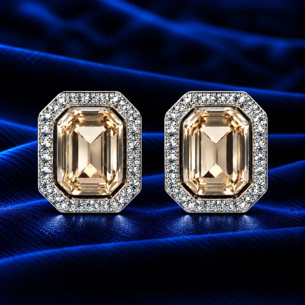 Women's Champagne Stone Halo Stud Earrings with Sparkling Zircon