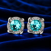 Women's Aqua Blue Gemstone Halo Stud Earrings with Sparkling Zircon