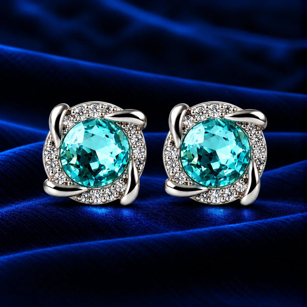 Women's Aqua Blue Gemstone Halo Stud Earrings with Sparkling Zircon