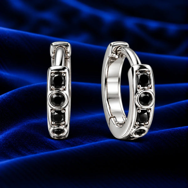 Women's Silver-Tone Black Stone Round Huggie Hoop Earrings