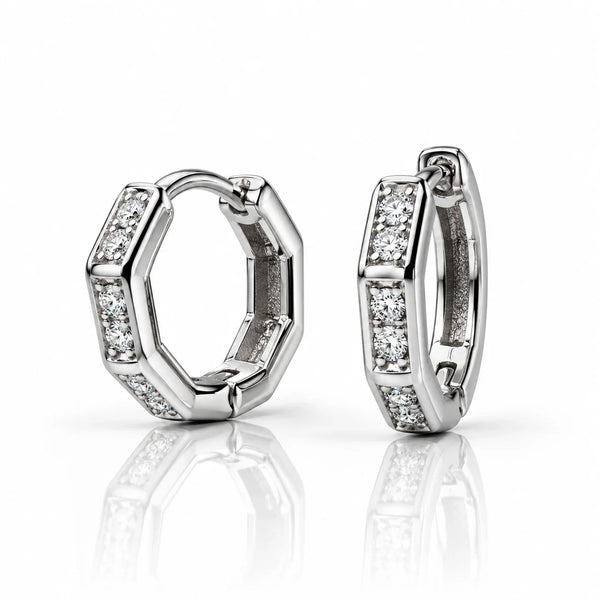 Women's Silver Octagonal Hoop Earrings with Sparkling Clear Stones