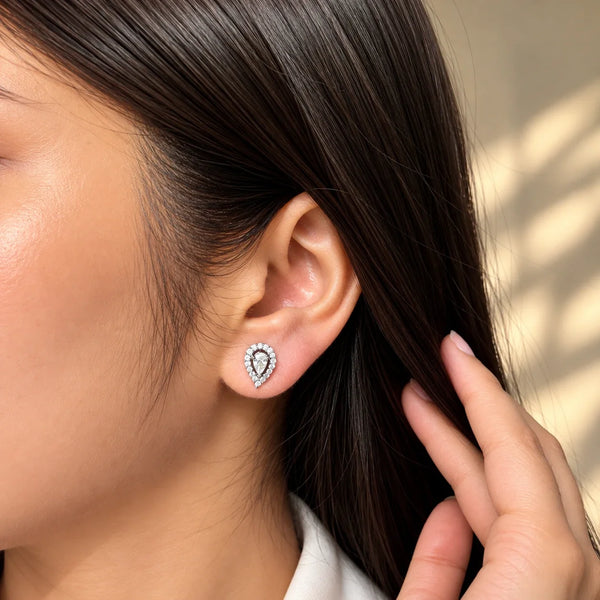 Women's Silver-Tone Teardrop Halo Stud Earrings with Sparkling Crystal Stones