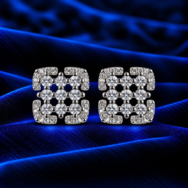 Geometric Lattice Design Sparkling Crystal Stud Earrings for Women