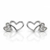 Women's Silver-Tone Double Heart Stud Earrings with Crystal Embellishments
