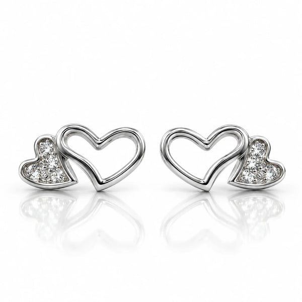 Women's Silver-Tone Double Heart Stud Earrings with Crystal Embellishments