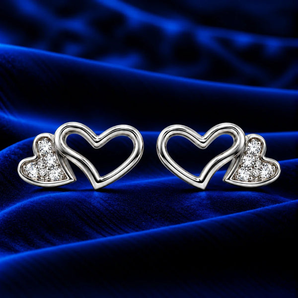 Women's Silver-Tone Double Heart Stud Earrings with Crystal Embellishments