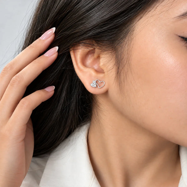 Women's Silver-Tone Double Heart Stud Earrings with Crystal Embellishments