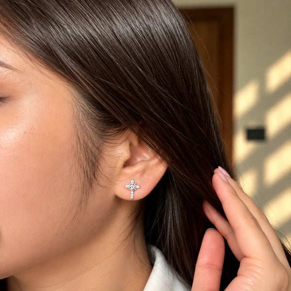 Women’s Silver-Tone Cross Stud Earrings with Sparkling Crystals