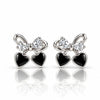 Women’s Silver-Tone Bow Earrings with Black Heart Charms & Sparkling Crystals