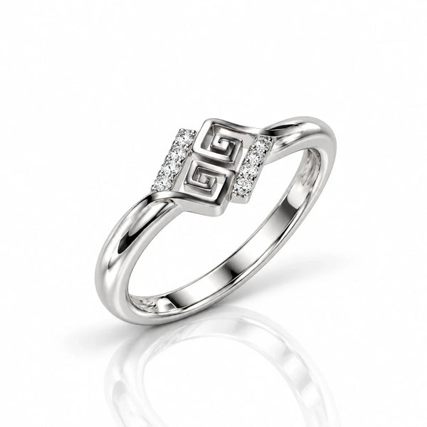 Elegant Silver-Tone Greek Key Ring with Sparkling Crystal Accents for Women