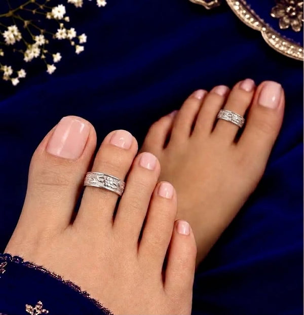 925 Sterling Silver Adjustable Floral Engraved Women Toe Ring