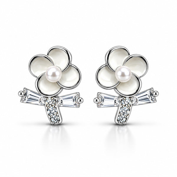 925 Sterling Silver Zircon & Cream Flower Stud Women Earing
