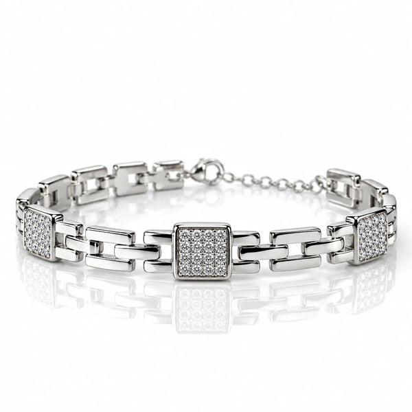 Women’s Silver-Tone Geometric Link Bracelet with Sparkling Crystal Accents