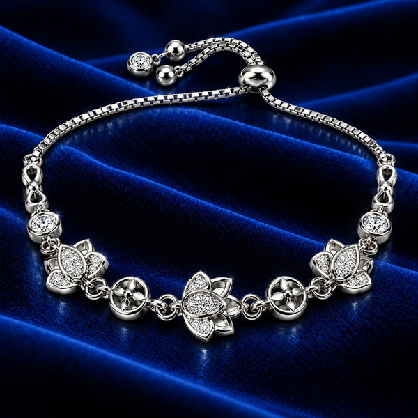 Women’s Silver Floral Bracelet with Sparkling Crystal Accents