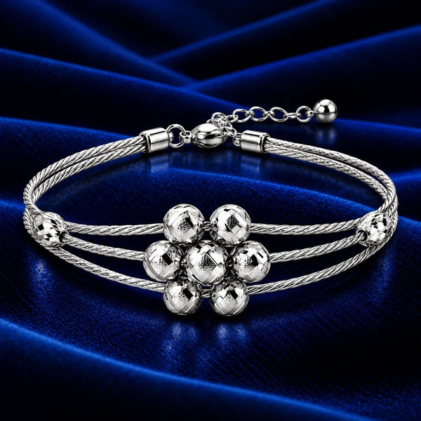 Women’s Silver-Tone Multi-Strand Cable Bracelet with Textured Bead Charms