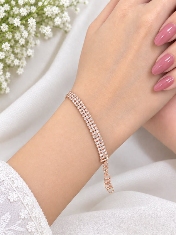 925 Sterling Silver Rose Gold Triple Line Zircon Tennis Women Bracelet