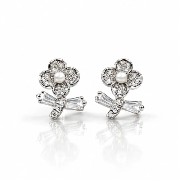 925 Sterling Silver Zircon Flower Stud Women Earing