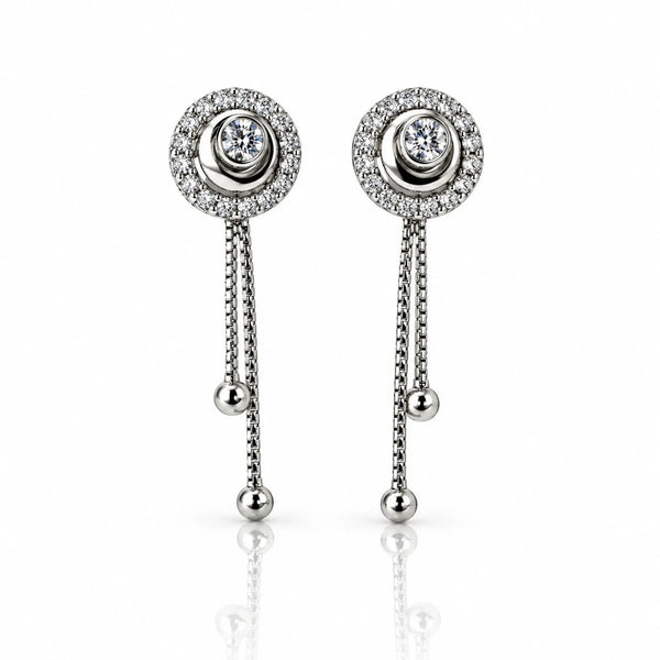 Women's Silver-Tone Halo Tassel Drop Earrings with Crystal Detailing