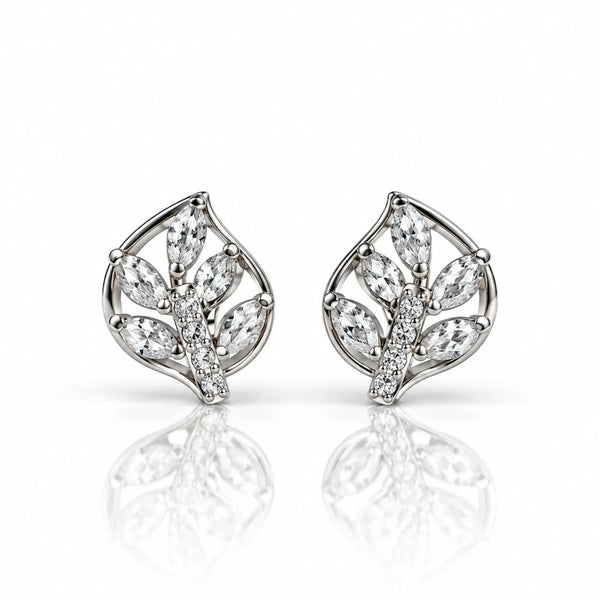 Women's Silver-Tone Leaf Design Stud Earrings with Sparkling Crystal