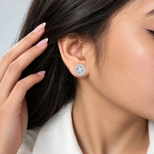Women's Silver Halo Stud Earrings with Sparkling Zircon
