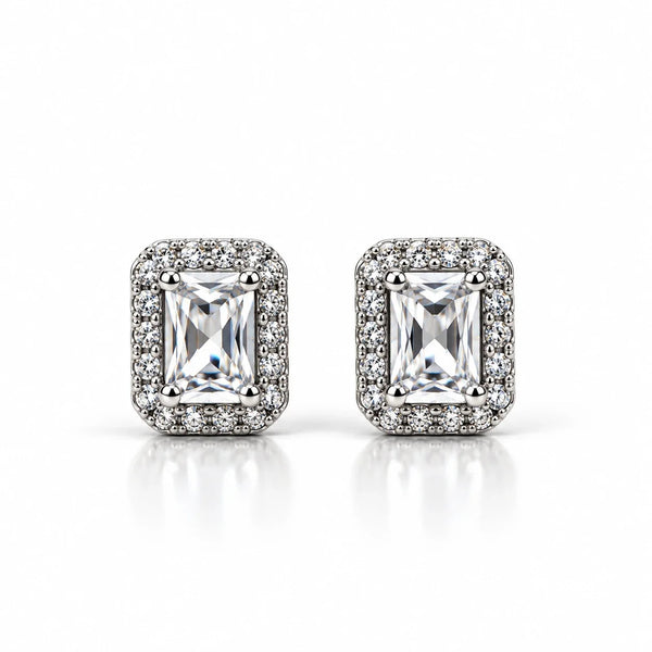Women's Silver Rectangular Halo Stud Earrings with Sparkling Zircon