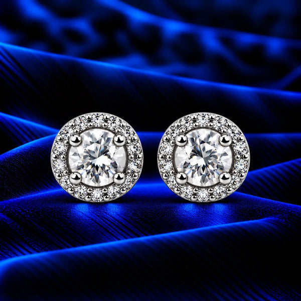 Women's Silver Round Halo Stud Earrings with Sparkling Zircon