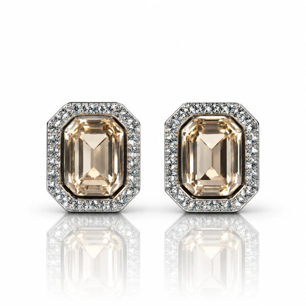 Women's Champagne Stone Halo Stud Earrings with Sparkling Zircon