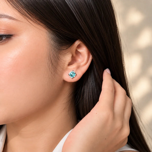 Women's Aqua Blue Gemstone Halo Stud Earrings with Sparkling Zircon