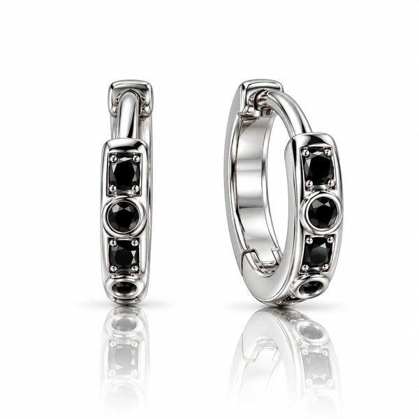 Women's Silver-Tone Black Stone Round Huggie Hoop Earrings