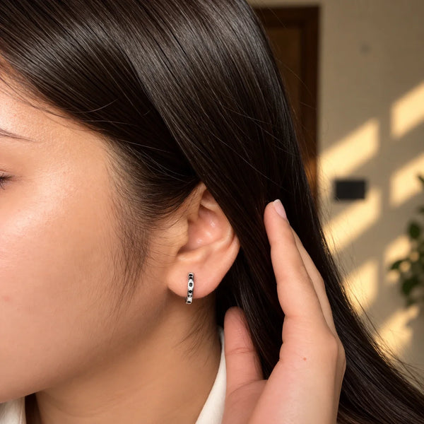 Women's Silver-Tone Black Stone Round Huggie Hoop Earrings