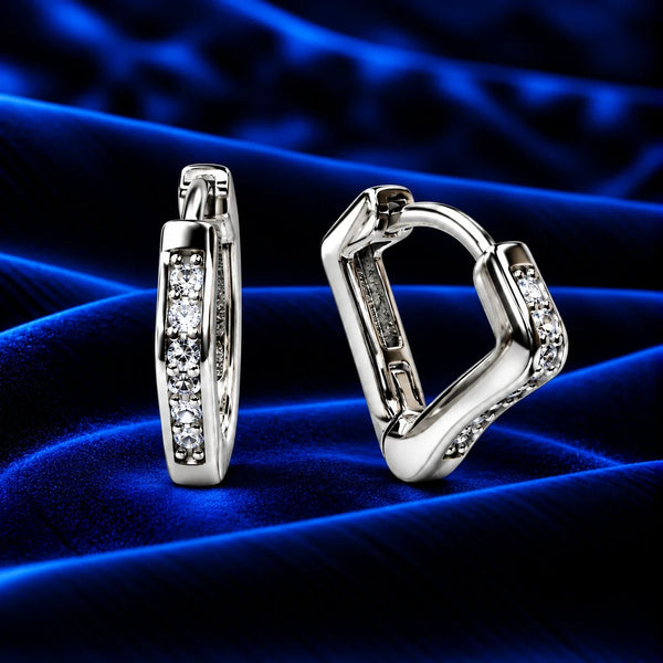 Women's Silver-Tone Geometric Hoop Earrings with Clear Rhinestone Accents
