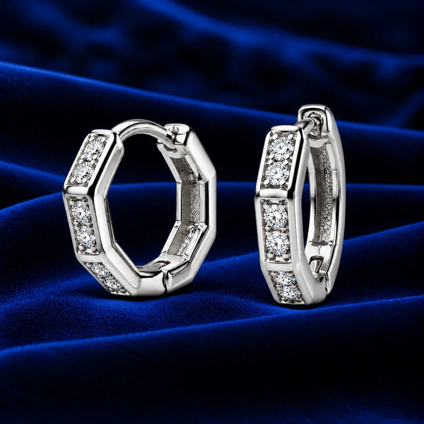 Women's Silver Octagonal Hoop Earrings with Sparkling Clear Stones