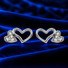 Women's Silver-Tone Double Heart Stud Earrings with Crystal Embellishments