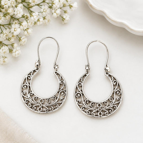 925 Sterling Silver Filigree Hoop Women Earing