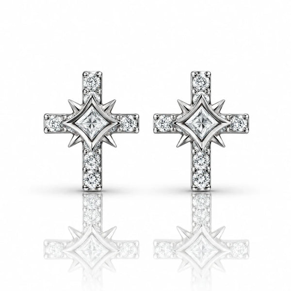 Women’s Silver-Tone Cross Stud Earrings with Sparkling Crystals
