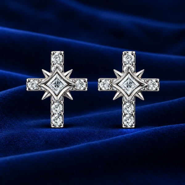 Women’s Silver-Tone Cross Stud Earrings with Sparkling Crystals