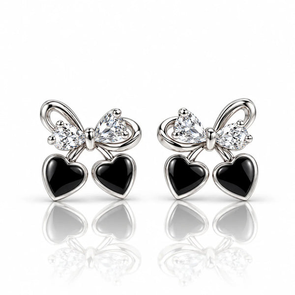 Women’s Silver-Tone Bow Earrings with Black Heart Charms & Sparkling Crystals