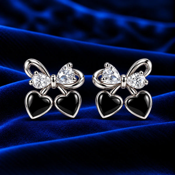 Women’s Silver-Tone Bow Earrings with Black Heart Charms & Sparkling Crystals