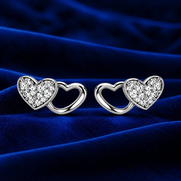 Women’s Silver-Tone Interlocking Heart Stud Earrings with Sparkling Crystal Stones