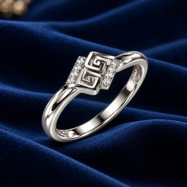 Elegant Silver-Tone Greek Key Ring with Sparkling Crystal Accents for Women