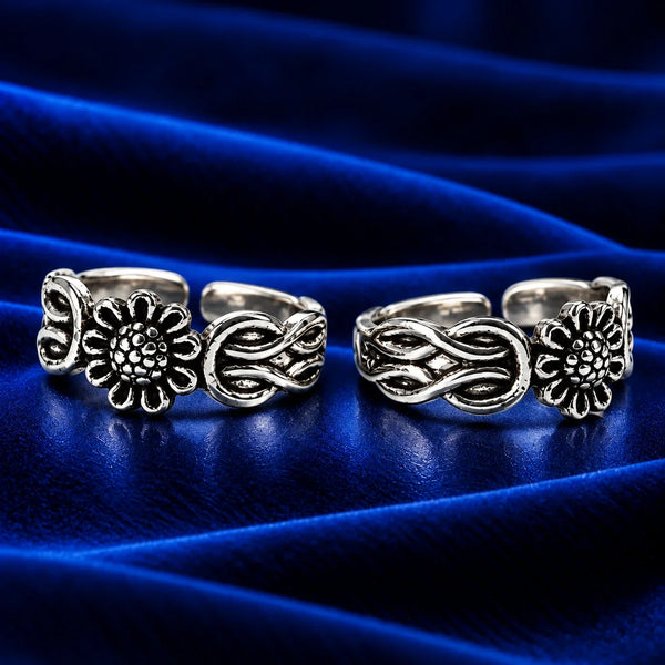 Antique Silver Floral Adjustable Toe Rings for Women